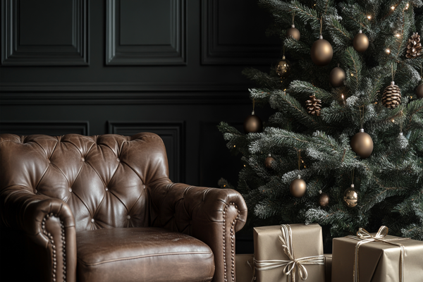 Geschmückter Weihnachtsbaum mit Geschenken und einem braunen Sessel